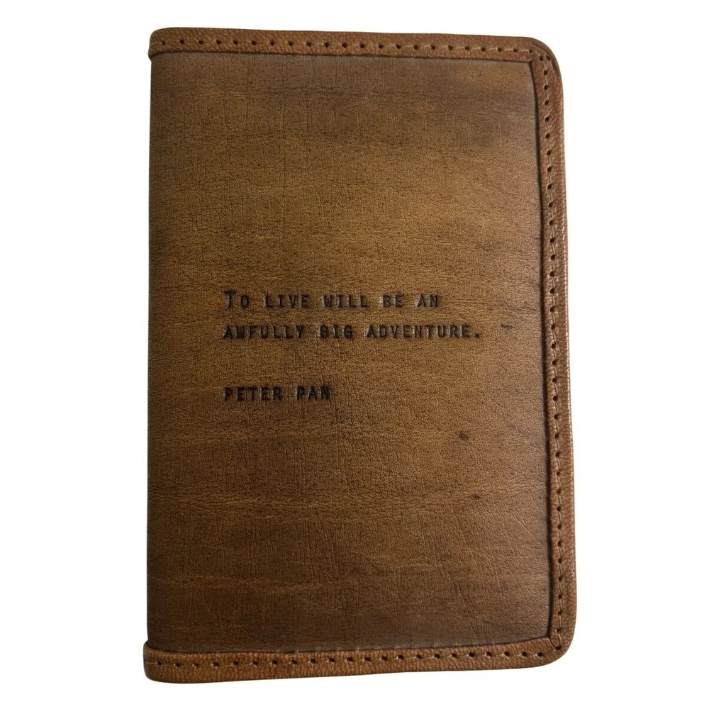 Sugarboo & Co Tan Leather Passport Notebook Cover Peter Pan Quote To Live Will